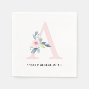 SOFT BLUSH BLUE WHITE FLORAL ALPHABETS LETTER A NAPKINS