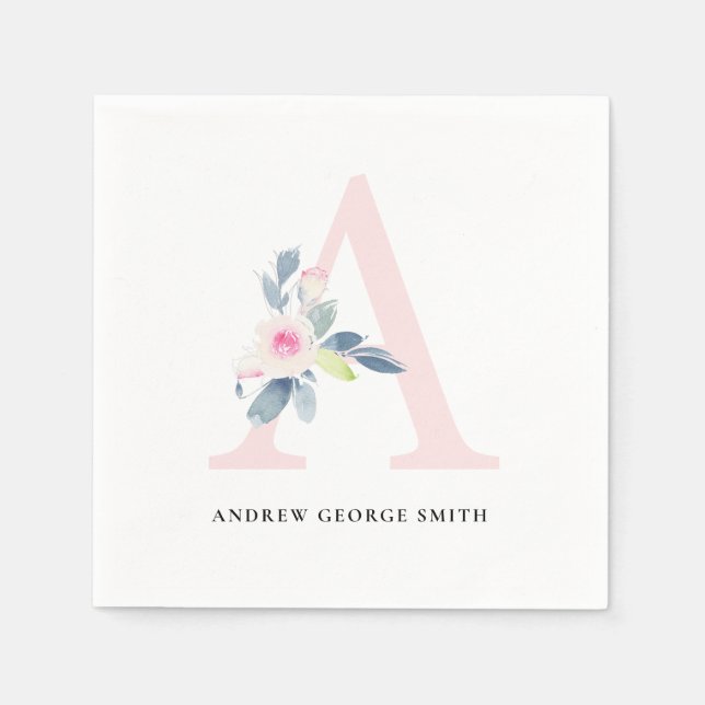 SOFT BLUSH BLUE WHITE FLORAL ALPHABETS LETTER A NAPKINS (Front)