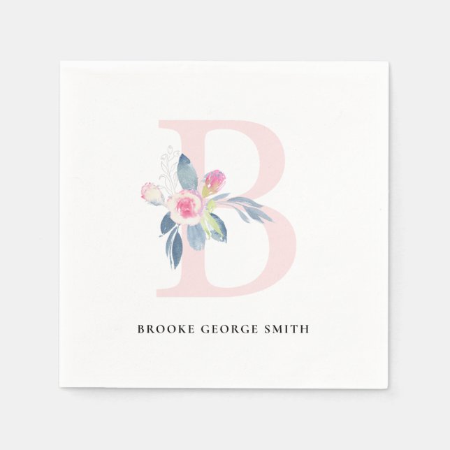SOFT BLUSH BLUE WHITE FLORAL ALPHABETS LETTER B NAPKINS (Front)