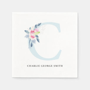 SOFT BLUSH BLUE WHITE FLORAL ALPHABETS LETTER C NAPKINS