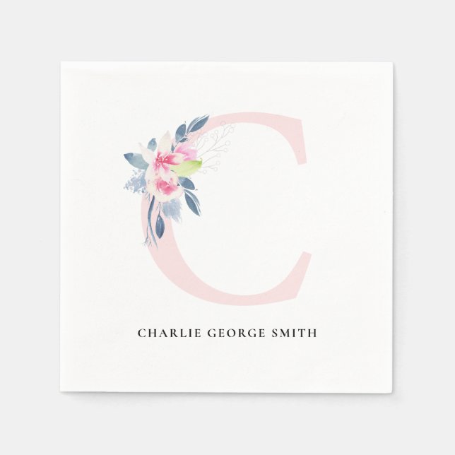 SOFT BLUSH BLUE WHITE FLORAL ALPHABETS LETTER C NAPKINS (Front)