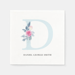SOFT BLUSH BLUE WHITE FLORAL ALPHABETS LETTER D NAPKINS