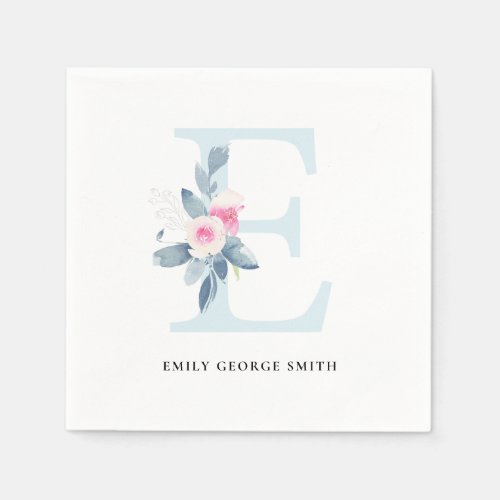 SOFT BLUSH BLUE WHITE FLORAL ALPHABETS LETTER E NAPKINS