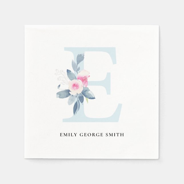 SOFT BLUSH BLUE WHITE FLORAL ALPHABETS LETTER E NAPKINS (Front)