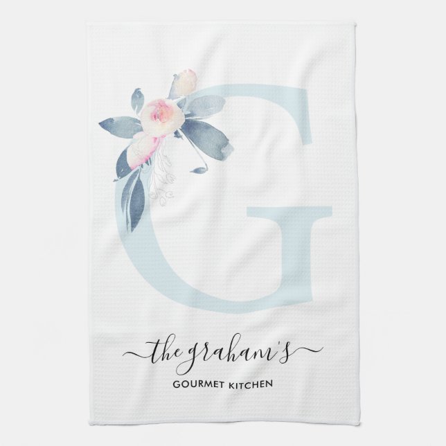 SOFT BLUSH BLUE WHITE FLORAL ALPHABETS LETTER G KITCHEN TOWEL (Vertical)
