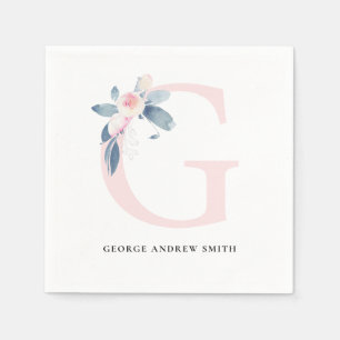 SOFT BLUSH BLUE WHITE FLORAL ALPHABETS LETTER G NAPKINS