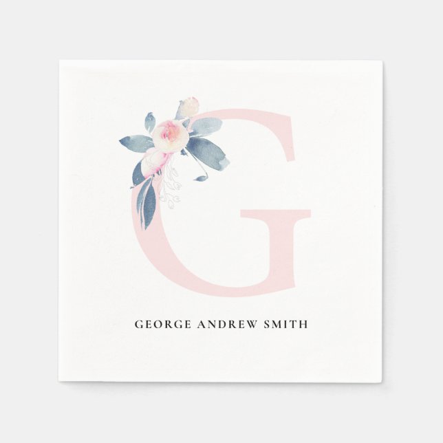 SOFT BLUSH BLUE WHITE FLORAL ALPHABETS LETTER G NAPKINS (Front)