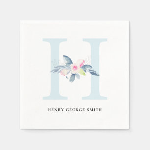SOFT BLUSH BLUE WHITE FLORAL ALPHABETS LETTER H NAPKINS
