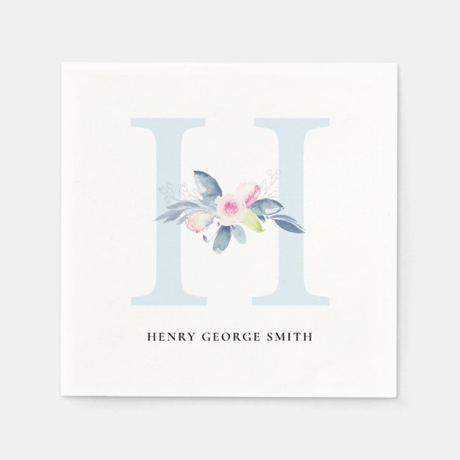 SOFT BLUSH BLUE WHITE FLORAL ALPHABETS LETTER H NAPKINS (Front)