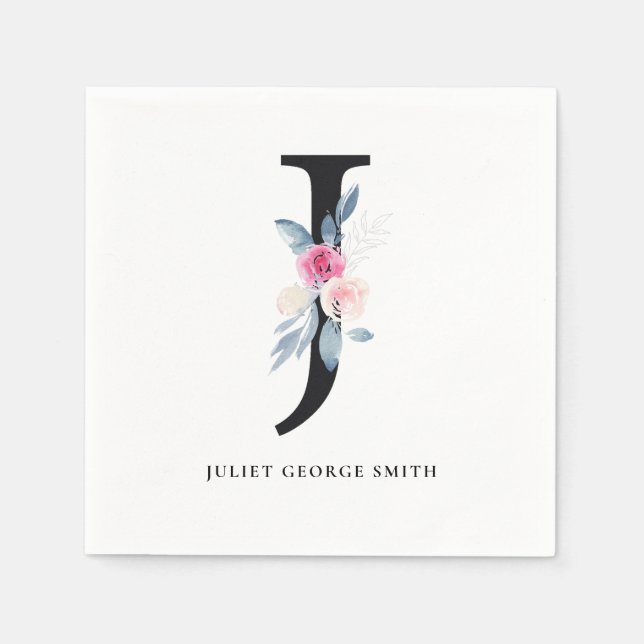SOFT BLUSH BLUE WHITE FLORAL ALPHABETS LETTER J NAPKINS (Front)