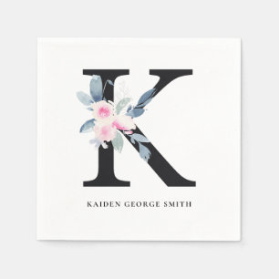 SOFT BLUSH BLUE WHITE FLORAL ALPHABETS LETTER K NAPKINS