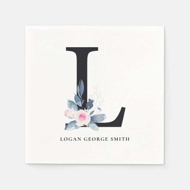SOFT BLUSH BLUE WHITE FLORAL ALPHABETS LETTER L NAPKINS (Front)