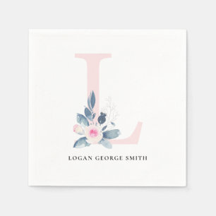 SOFT BLUSH BLUE WHITE FLORAL ALPHABETS LETTER L NAPKINS