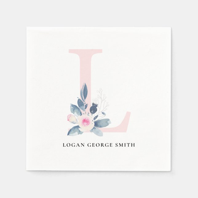 SOFT BLUSH BLUE WHITE FLORAL ALPHABETS LETTER L NAPKINS (Front)