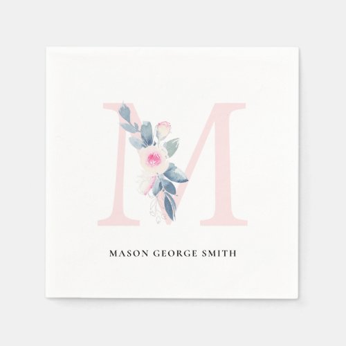 SOFT BLUSH BLUE WHITE FLORAL ALPHABETS LETTER M NAPKINS