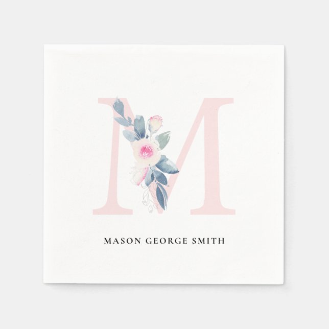 SOFT BLUSH BLUE WHITE FLORAL ALPHABETS LETTER M NAPKINS (Front)