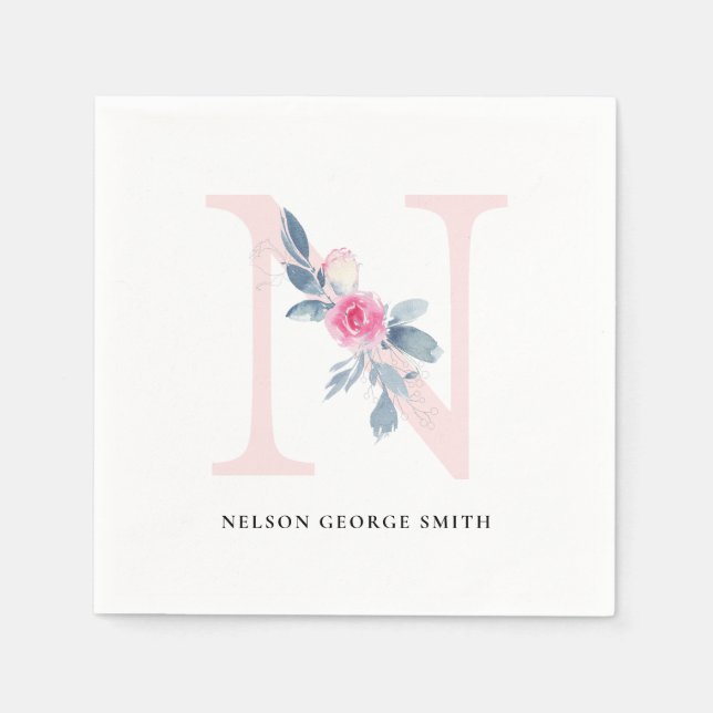 SOFT BLUSH BLUE WHITE FLORAL ALPHABETS LETTER N NAPKINS (Front)