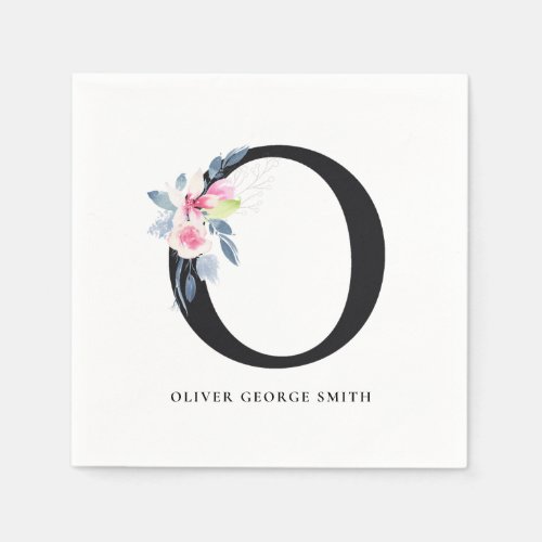 SOFT BLUSH BLUE WHITE FLORAL ALPHABETS LETTER O NAPKINS