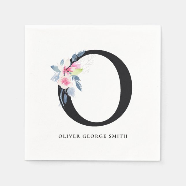 SOFT BLUSH BLUE WHITE FLORAL ALPHABETS LETTER O NAPKINS (Front)