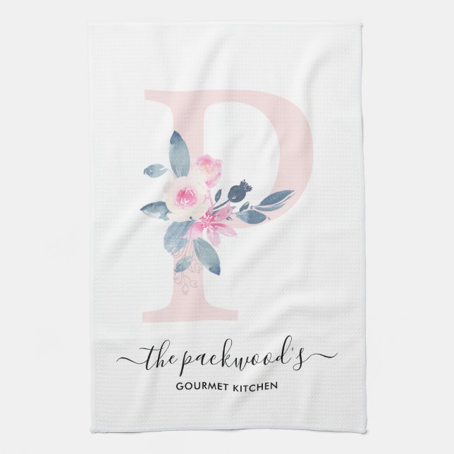 SOFT BLUSH BLUE WHITE FLORAL ALPHABETS LETTER P KITCHEN TOWEL (Vertical)