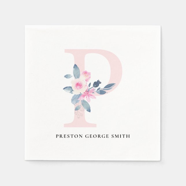 SOFT BLUSH BLUE WHITE FLORAL ALPHABETS LETTER P NAPKINS (Front)