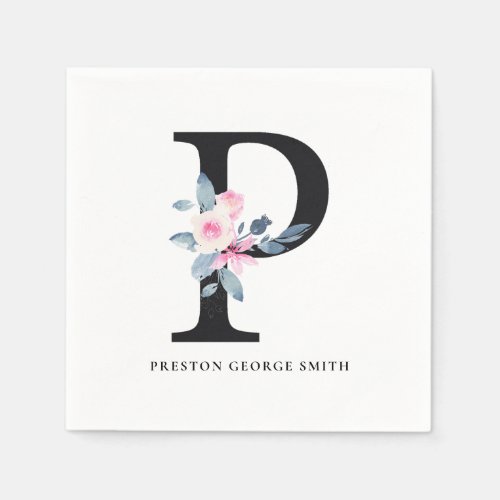 SOFT BLUSH BLUE WHITE FLORAL ALPHABETS LETTER P NAPKINS