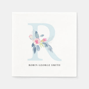 SOFT BLUSH BLUE WHITE FLORAL ALPHABETS LETTER R NAPKINS