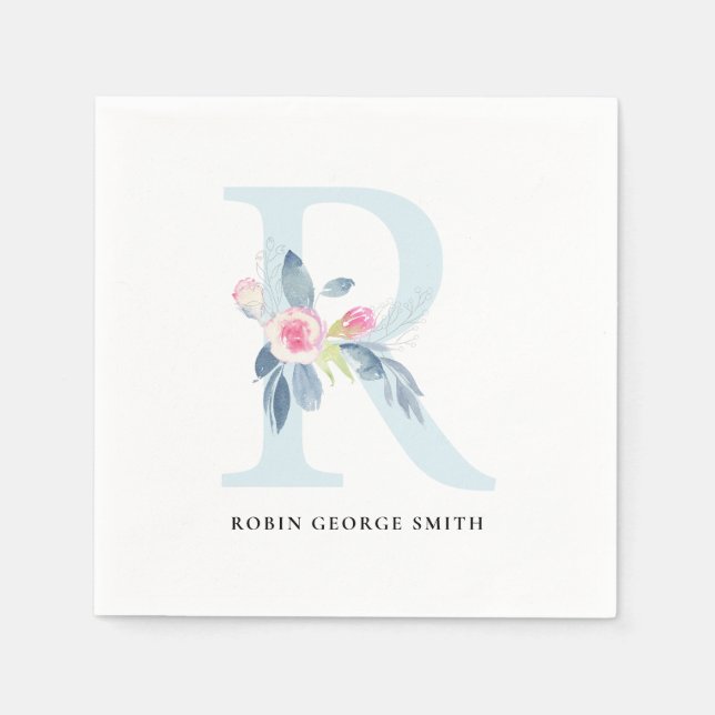 SOFT BLUSH BLUE WHITE FLORAL ALPHABETS LETTER R NAPKINS (Front)