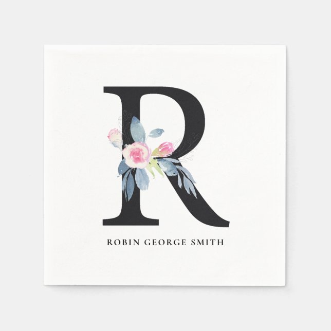 SOFT BLUSH BLUE WHITE FLORAL ALPHABETS LETTER R NAPKINS (Front)