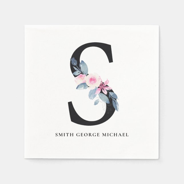 SOFT BLUSH BLUE WHITE FLORAL ALPHABETS LETTER S NAPKINS (Front)