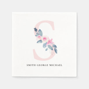 SOFT BLUSH BLUE WHITE FLORAL ALPHABETS LETTER S NAPKINS