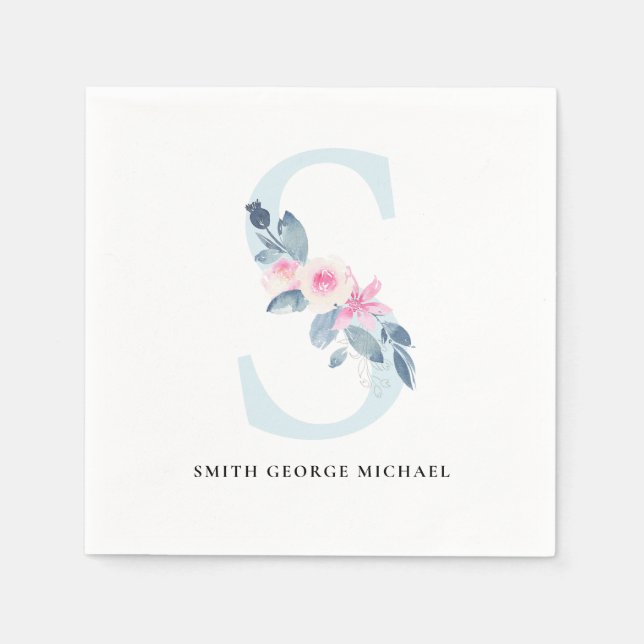 SOFT BLUSH BLUE WHITE FLORAL ALPHABETS LETTER S NAPKINS (Front)