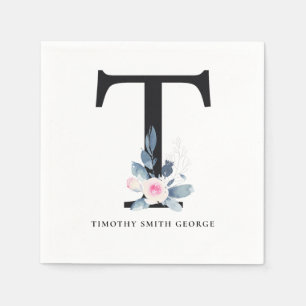 SOFT BLUSH BLUE WHITE FLORAL ALPHABETS LETTER T NAPKINS