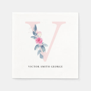 SOFT BLUSH BLUE WHITE FLORAL ALPHABETS LETTER V NAPKINS