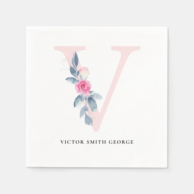 SOFT BLUSH BLUE WHITE FLORAL ALPHABETS LETTER V NAPKINS (Front)