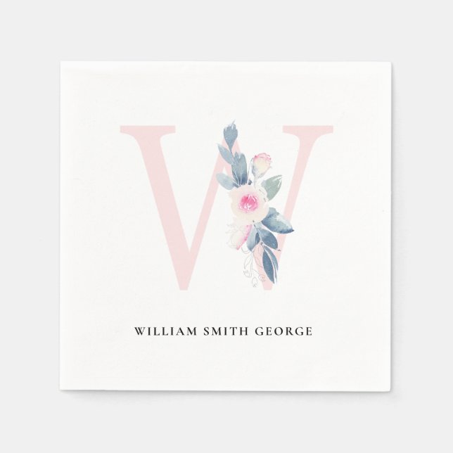 SOFT BLUSH BLUE WHITE FLORAL ALPHABETS LETTER W NAPKINS (Front)