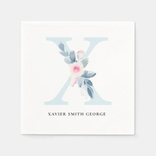 SOFT BLUSH BLUE WHITE FLORAL ALPHABETS LETTER X NAPKINS
