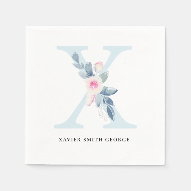 SOFT BLUSH BLUE WHITE FLORAL ALPHABETS LETTER X NAPKINS (Front)