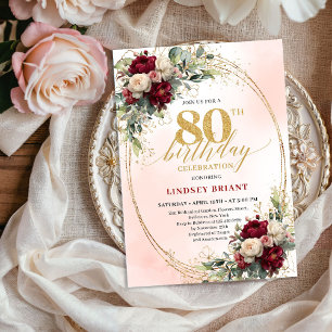 Soft Blush Boho Floral 80th Birthday Party Invitе Invitation