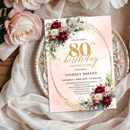 Soft Blush Boho Floral 80th Birthday Party Invitе