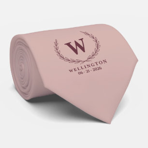 Soft Blush Burgundy Laurel Monogram Wedding Date Neck Tie