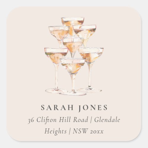 Soft Blush Champagne Wine Glasses Address Square Sticker