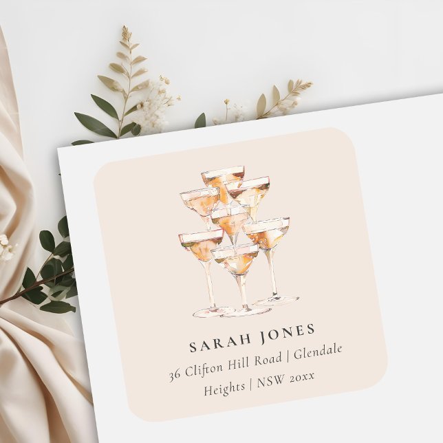 Soft Blush Champagne Wine Glasses Address Square Sticker (Creator Uploaded)