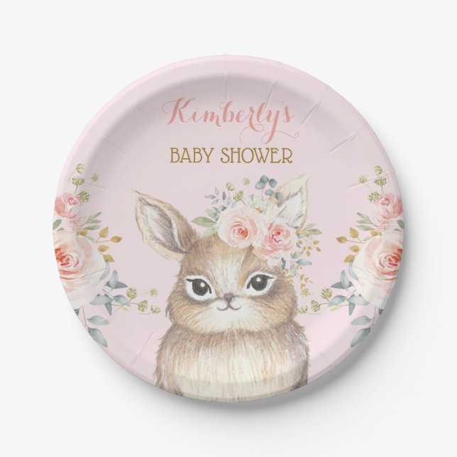 Soft Blush Floral Bunny Rabbit Baby Shower Favors Paper Plates (Front)