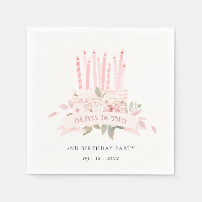 Soft Blush Floral Cake Candles Any Age Birthday Napkins (Front)