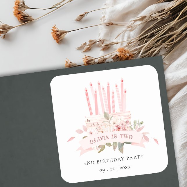 Soft Blush Floral Cake Candles Any Age Birthday Square Sticker (Creator Uploaded)
