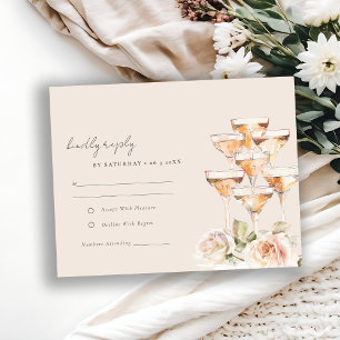 Soft Blush Floral Champagne Wine Glasses Wedding RSVP Card