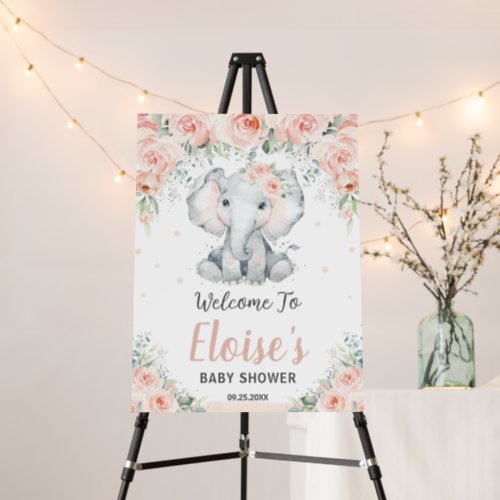 Soft Blush Floral Elephant Baby Shower Welcome Foam Board
