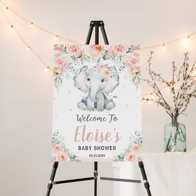 Soft Blush Floral Elephant Baby Shower Welcome Foam Board (In Situ (Stand))
