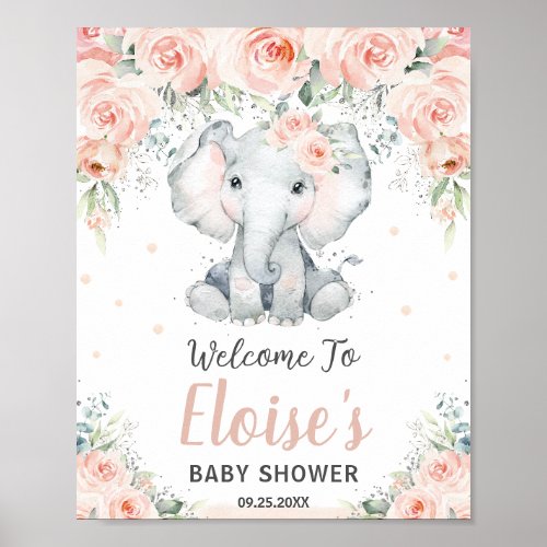 Soft Blush Floral Elephant Baby Shower Welcome  Poster